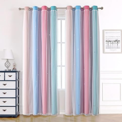 Blackout Curtains for Bedroom Living Romm Nursery Kids Home,Thick Eyelet Thermal Curtains for Winter,Voile Net Curtains for Windows,2 Panels 46 x 54 inch Drop,Pink Grey Rainbow