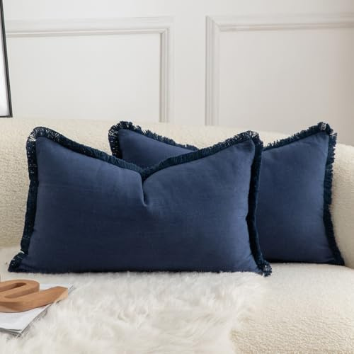 Mandioo 2er Set neutralen Baumwolle Quasten Kissenbezug 30x50cm Dekorative Kissenbezüge Dekokissen Boho Sofakissen Kissenhülle für Couch Sofa Schlafzimmer Wohnzimmer Heimdekoration Marineblau