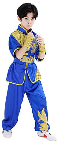 Kung Fu Anzug Uniform für Kinder, Langarm Tai Chi -Uniform mit Gürtel Performance Keeing für Jungen und Mädchen blue-130cm