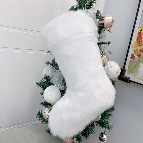 Christmas Stocking Large Plush Hanging Santa Stocking Christmas Stocking Bulk Xmas Stocking for Kids Goodie Bags Xmas Decor Stockings Gifts Holding for Christmas Tree Holiday Party Ornament (White)