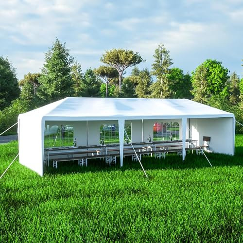 Partyzelt für den Außenbereich mit 5 Seitenwänden und Fenstern, 3 x 9 m, Pavillon für Garten, Hochzeit, wasserdicht, Terrassenüberdachung für Sonne, Regen, Schutz, Weiß