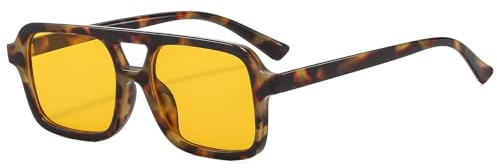 Long Keeper Gafas de Sol Cuadradas de Piloto de los años 70 para Mujeres y Hombres, Gafas de Sol Rectangulares Retro, Gafas Doble Puente Pequeñas de Vintage (Naranja Leopardo)