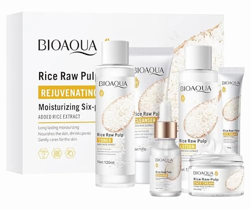 6 Pcs Hydrating Travel Size Gift - Rice Raw Pulp Firming Skincare Sets Kits | for Women Girls Pamper Gifts with Toner,Cleanser,Essence,Lotion,Eye Cream,Face Cream.Vegan Cruelty-Free,SKIN Hydrated Ever