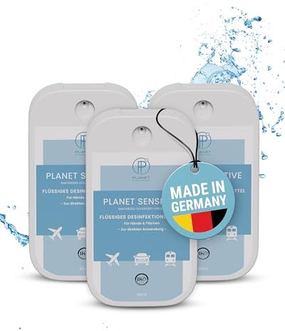 Planet Sensitive® - 3 x 40ml alkoholfreies Desinfektionsmittel kompakt für Flächen Reisen, Hände | Gegen Bakterien, Viren wie Herpes, Influenza, Hanta | Made in Germany | Sprayer