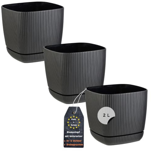 Engelland - 3 x Blumentopf mit Drainagesystem, Untersetzer, Farbe: Schwarz, Rillenoptik, Pflanz-Topf, Kübel, modern, Kunststoff, quadratisch, 15 x 15 cm, 2 Liter