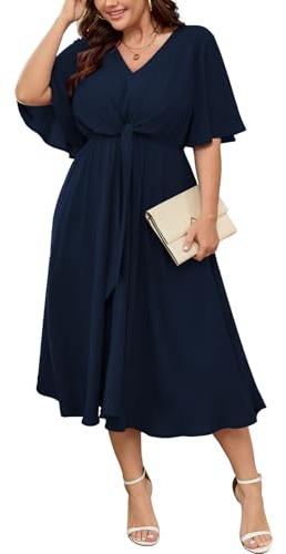 SCOMCHIC Damen-Midi-Kleider in Übergrößen – für Hochzeitsgäste, mit kurzen Ärmeln, V-Ausschnitt, Bindegürtel, lässiges Sommerkleid im A-Linien-Schnitt mit fließendem Fall