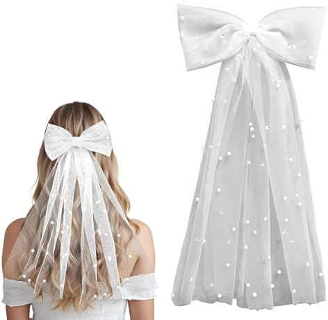 BCHKO Eleganter Brautschleier – JGA Schleier Braut – Braut Haarschmuck mit Haarspange – Schleier mit Perlen & Schleife – für Junggesellenabschied & Hochzeit (Weiß)