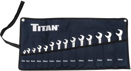 Titan 17284 14-Piece Metric Angle Head Open End Wrench Set, Sizes from 6mm to 19mm, V-Groove Design, Chrome Vanadium Steel Construction