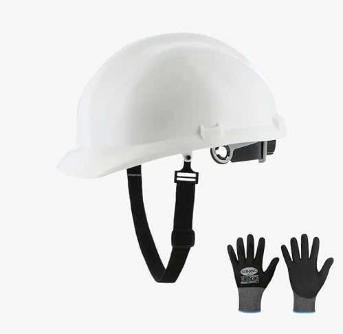 Schutzhelm Helm Bauhelm Arbeitshelm EN397 weiß, einfaches verstellen Drehverschluss inkl. Arbeitshandschuhe