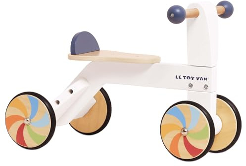 Le Toy Van Wooden Ride-On Trike – FSC® 100% Certified Sustainable Wood – White & Dark Blue Finish with Colorful Windmill Wheels – Balance & Coordination Toy for Toddlers