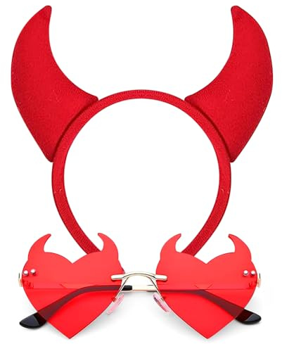 AIEDECOPT Halloween Devil Costume Accessories, Serre-Tête Cornes Diable et Lunettes Rouge, Bandeau Cheveux Cornes Diable, Accessoire Déguisement Demon pour Halloween Carnaval Cosplay (B)