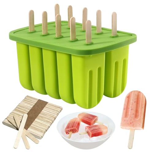 Eis Lolly Formen, 10 Hohlraum Popsicle Form mit 50 Stück Holzstäbchen, Silikon Ice Pop BPA freie Eis Formen & Kinder Sommer DIY Heimküche Werkzeuge (Grün)