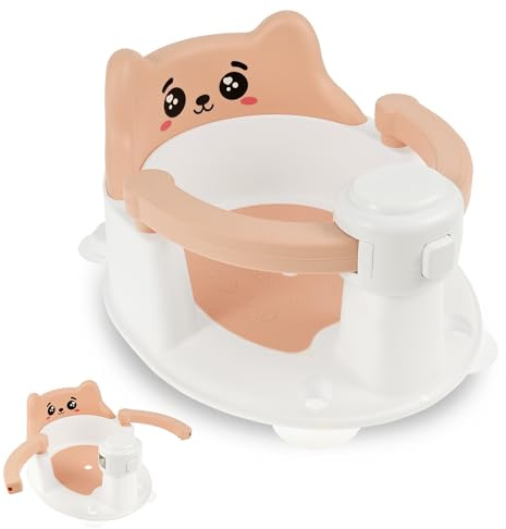 Badewannensitz Baby Ab 6 Monate 36x29x20cm Badewannensitz Baby mit 4 Rutschfest Saugnapf Abflussloch Einfach Entsperren Tragbar Cartoon Kinder Badesitz für Zuhause Urlaub (Rosa Lächeln)