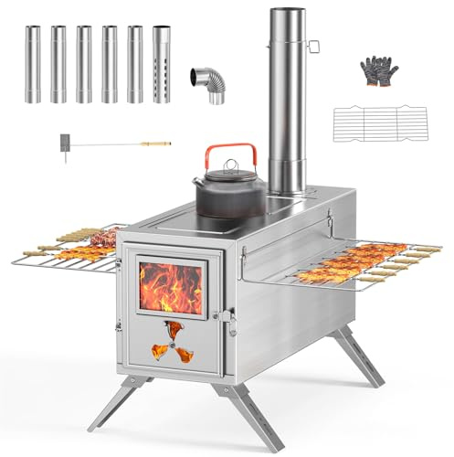 Ytaoeo Camping Tent Stove with Chimney, Stainless Steel Wood Burning Stove | Portable Folding Hot Tent Stoves with 7 Chimney Pipes for Outdoor, Camping, Cooking, BBQ, Hiking, Fishing, Hunting
