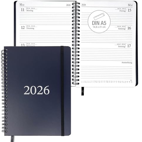 Kalender 2026 A5 Buchkalender – Hardcover Terminplaner mit Ringbindung, Wochenplaner A5 1 Woche 2 Seiten, Jahreskalender & Notizseiten, robuster DIN A5 Chefplaner, Kalenderbuch 2026