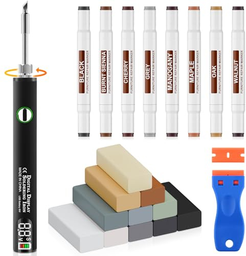 Set di riparazione per pavimenti in vinile, per parquet in laminato, grigio, mastice per legno, 11 blocchi di cera, 8 pennarelli a doppia punta, aggiornamento USB, penna riscaldante per mobili