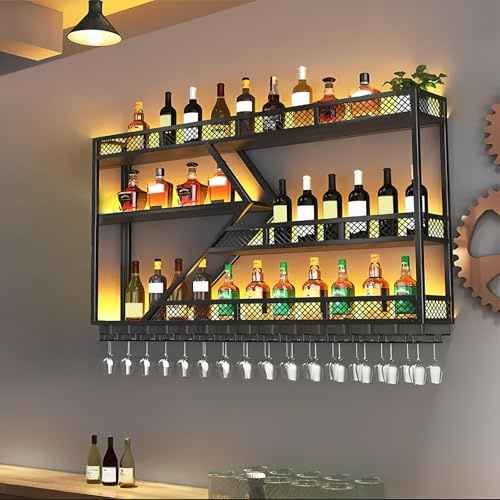 Modern Wall-Mounted Diamond-Shaped Wine Rack, 3-Tier Floating Metal Bar Shelf, Industrial Liquor Bottle Holder, Glassware Storage, Black, 80 x