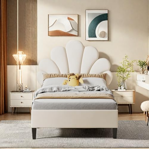 FUCMKON Kinderbett 90x200,Mädchen Bett 90x200,Polsterbett Einzelbetten mit Lattenrost,Clean Girl Bett,Bettgestell mit Kopfteil in Blumenform,Samt,Ohne Matratze (Beige B, 90x200cm)