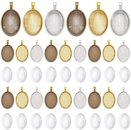 SOFPLATE 1 Schachtel 30 Stück 3 Farben Ovale Fassungen Für Anhänger Metall Cabochons Tablett Gold Silber Antikbronze Legierung Rohlinge Für Anhänger Glascabochon Fassungen Zur Schmuckherstellung Anhän