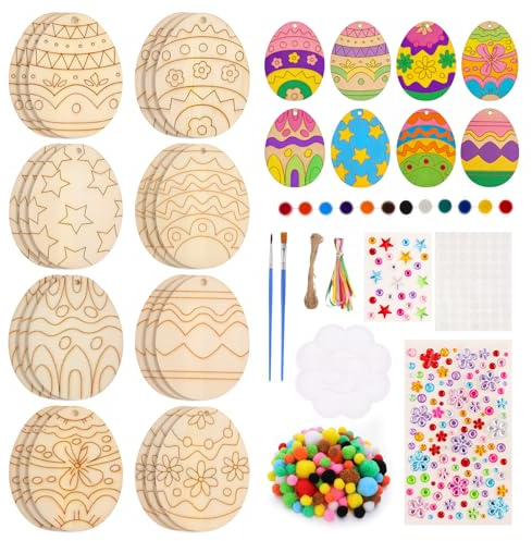 Kaisibum 203 Stück Holzanhänger Ostern zum Bemalen für Kinder, Ostereier Bastelset aus Holz, Bausatz Holz Kinder zum Aufhängen, Verzierungen, Bastelset