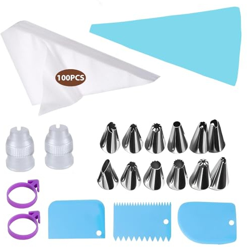 100 Pièces Poches à Douilles, Poches à Douille Jetables, 12 Douilles en INOX, 2 Adaptateurs, 2 Élastiques Supérieurs, Kit de Pâtisserie pour la Décoration de Gâteaux