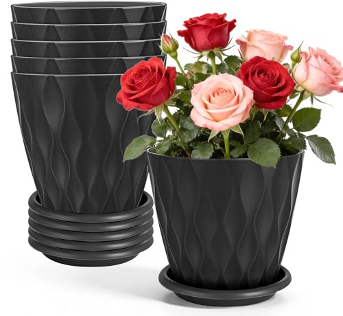 Exsink 6pcs Macetas Plástico,Macetas Redondas de y Ligeras,Tiesto Decorativo para Plantas,Macetas con Plato and Orificios de Drenaje,para Plantas de Bonsái de Interior Exterior Jardín (Negro)