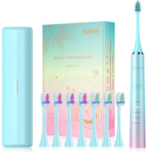 YUNCHI Brosse à dents électrique, sonique, pour adultes et enfants, rechargeable en USB-C, 5 modes de brossage avec fonction intelligente, 8 têtes de brosse et étui de voyage, bleue