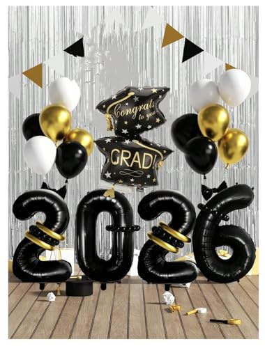2026 Graduation Balloon Decoration Set, 24 Piece Party Decorations with 32 Inch Number Balloons, Graduation Cap Foil Balloon, Gold Black White Latex Balloons, Black and Gold Theme