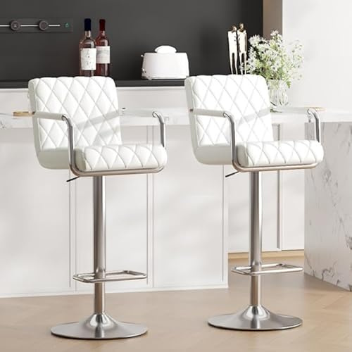 Ckaff Barhocker 2er Set, Barstühle Höhenverstellbar, 360° Drehbare Küchenhocker mit Armlehnen, Rückenlehne und Fußstütze, Barstuhl aus PU-Leder für Küche Wohnzimmer Esszimmer, Weiß
