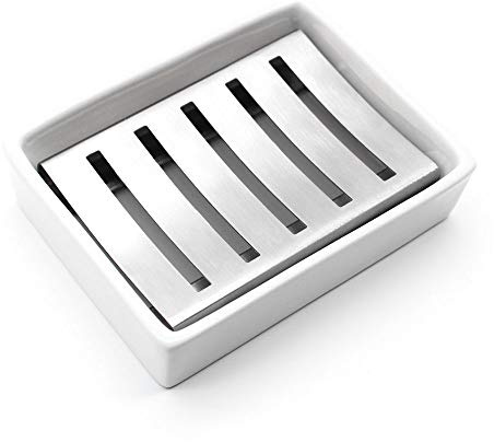 YOCZOX Draining Soap Holder Ceramic Stainless Steel for Bathroom Kitchen | Double-layer draining design, quick water separation, detachable for easy cleaning, multi-scene application, Silver+White