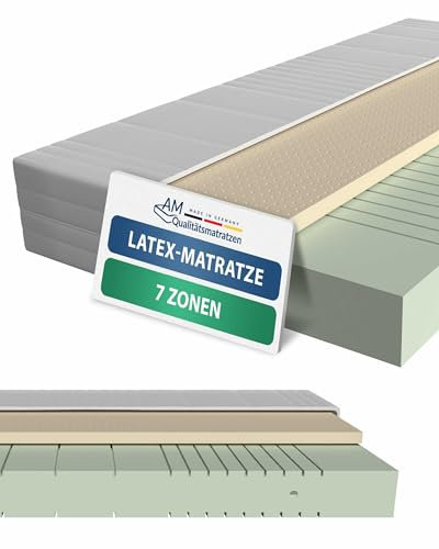 AM Qualitätsmatratzen 7 Zonen Latex Matratze 180x200 H2 - Made in Germany - Oeko TEX zertifizierte Naturlatex Matratze 180x200-20 cm Hoch - Hybridmatratze mit 4cm Latexauflage
