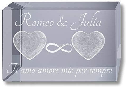 3Dglas 3D Cristallo Cuboide XL 80mm | | 2 Cuori e Infinito | incidere Nomi e Parole d'Amore | Dono d'Amore