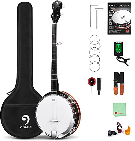 Vangoa LEFT-HANDED Banjo 5 String Mahogany Open Back Banjo with Resonator, Remo Drum Head, Geared 5th String Beginner Kit with Manual, Full Size