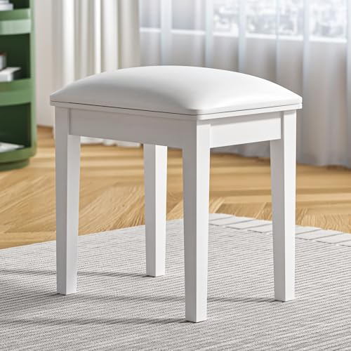 Organizedlife Vanity Stool - Sgabello imbottito in legno, in poliuretano, per trucco, pianoforte, panca da trucco, per vestirsi, bianco (1, gamba dritta)