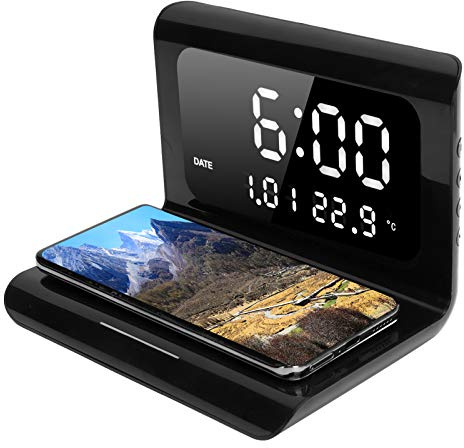 Klocka Trådlös Laddare, Multifunktionell Digital Väckarklocka med Qi Trådlös Laddning Elektronisk Kalendertelefon Trådlös Automatisk Matchande Laddare(svart)