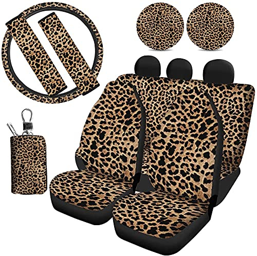 Jeiento Leopard-Auto-Sitzbezüge-Set und Männer - Universeller Sitzschutz mit hinterem Rückenlehnen- und unteren Bankbezug, Schulter-Sicherheitsgurt, Lenkradbezug, Becherhalter, Schlüsselanhänger