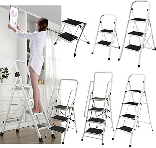 Lightweight Step Ladder 3 Step Ladder,Foldable Kitchen Step Ladder Fold Away, Strong & Sturdy Steel Structure, Anti-slip Feet, Esay to Store for Home Kitchen Garage Indoor, 330LB Capacity