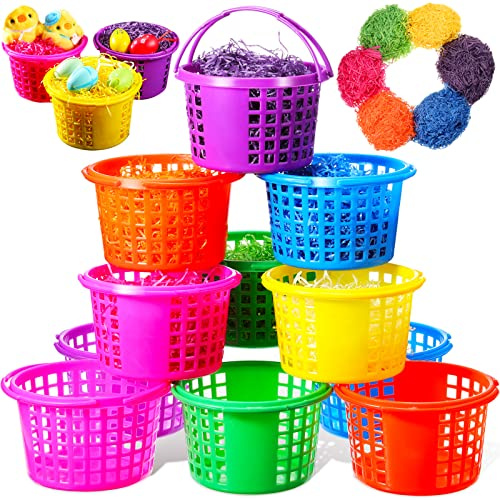 12 Pcs Multicolor Easter Baskets with Handles and 6 Pcs Easter Grass Stuffers Plastic Picnic Basket Kids Small Baskets Shelf Baskets Easter Basket Grass Craft Shredded Tissue Raffia for Easter Wedding
