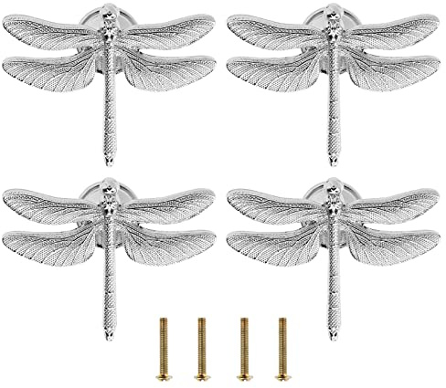 Be In Your Mind 4 STÜCKE Libelle Knöpfe Griffe Einzigartige Libelle Form Dekorative Griffe mit Befestigungsschrauben Möbelbeschläge Zubehör für Schrank Kleiderschrank Schubladenkommode Silber