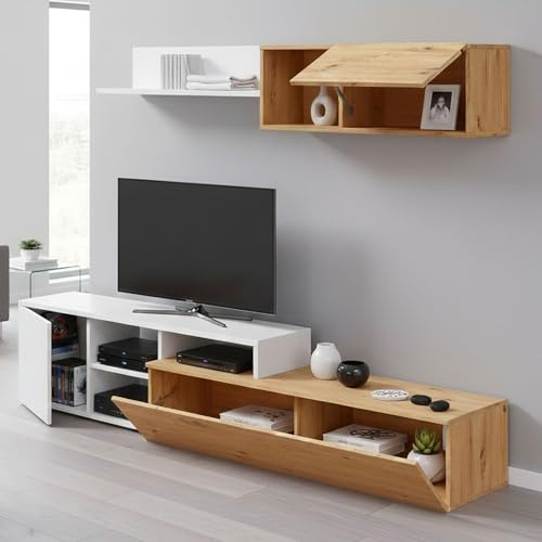 Dmora - Parete attrezzata Miami, Mobile da soggiorno porta TV reversibile, Composizione per salotto con pensile e mensola, 220x40h44 cm, Rovere effetto nodi e Bianco