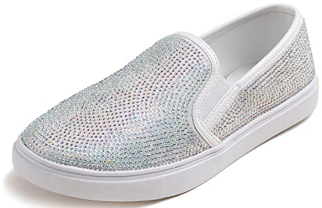 BREEZE NOUTHERLY Damer Sparkle Strass Jeweled Loafer Flats, damsneakers, ventilerande sneakers, lätta löparskor, sportskor, fritidsskor, strass, Vit strass, 38 EU