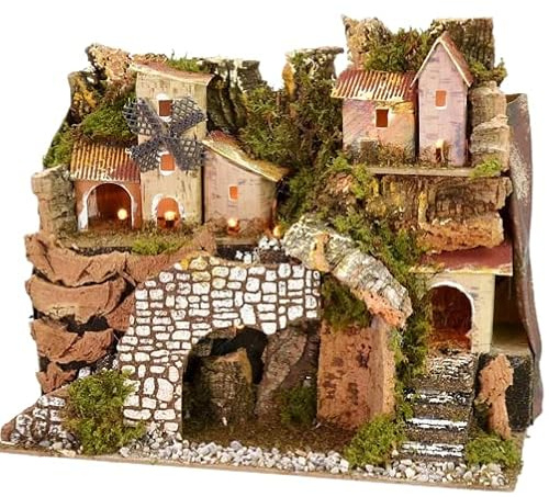 HolyRome Paesaggio Presepe Illuminato 28x15x23 cm – Borgo Classico Napoletano – Realizzato in Sughero, Muschio e Legno – Made in Italy