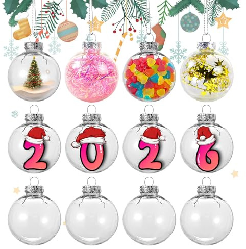 Xlong 12 Stück Klar,8CM Befüllbare Christbaumkugeln, DIY, Durchsichtige Christbaumkugeln zum Befüllen (8 cm)
