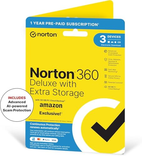 NORTON 360 DELUXE PLUS 50GB IN 1 USER 3 DEVICE 12MO AMAZON ENR DVDSLV