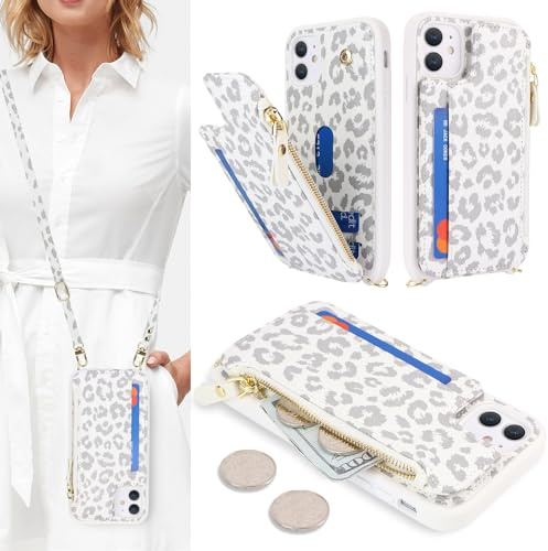 SailorTech Handyhülle für iPhone 11 Etui mit Kartenfach, iPhone 11 Hülle mit Verstellbarer Halskette, iPhone 11 Handytasche mit Reißverschluss Geldbörse - Weißer Leopard
