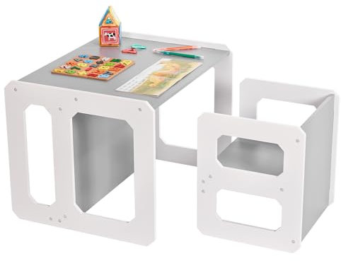 Yorbay Tisch und Stuhl Set für Kinder Kinderschreibtisch mit 1 Hockern, Kindersitzgruppe 3 in 1-Wendehocker & zum Kinderarbeitsplatz umwandelbarer Kinderbank, Kindermöbel 61,5 x 50 x 46 (Grau, L)