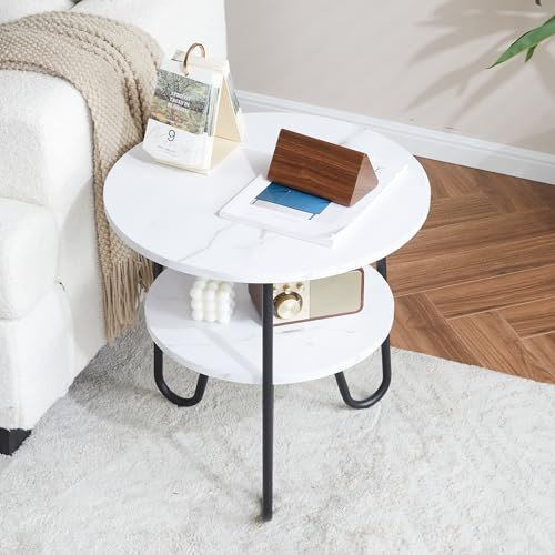 Mingone Beistelltisch Rund Couchtisch Holz mit 2 Etagen Marmor Wohnzimmertisch Stylischer Sofatisch Runder Tisch Kleine Weiß（50cm）