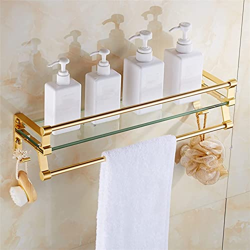 YhOuuA Glasregal für die Dusche, Badezimmerregal aus Metall und Glas mit Handtuchhalter/-stange, an der Wand montierter Badezimmer-Organizer, 40 cm/50 cm/60 cm, goldenes Finish (Gold, 40 cm/15,7 Zoll)