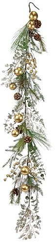 Dekorerad girlang av konstgjord gran, dekorerad med julgranskulor, kottar, eukalyptus, 160 cm, grangirlang, juldekoration, julgirlang, dekoration för jul, konstgjord ranka, tall