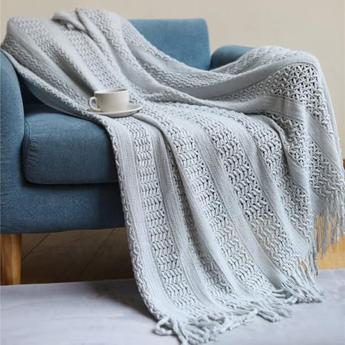 XIEMINLE Strickdecke, warme Decke für alle Jahreszeiten, große Sofa-Überwurfdecke, weiche Bettüberwurfdecke, gemütliche, vielseitige Decke für Sofa/Couch/Reisen/Sessel (130 x 230 cm, Hellgrau)